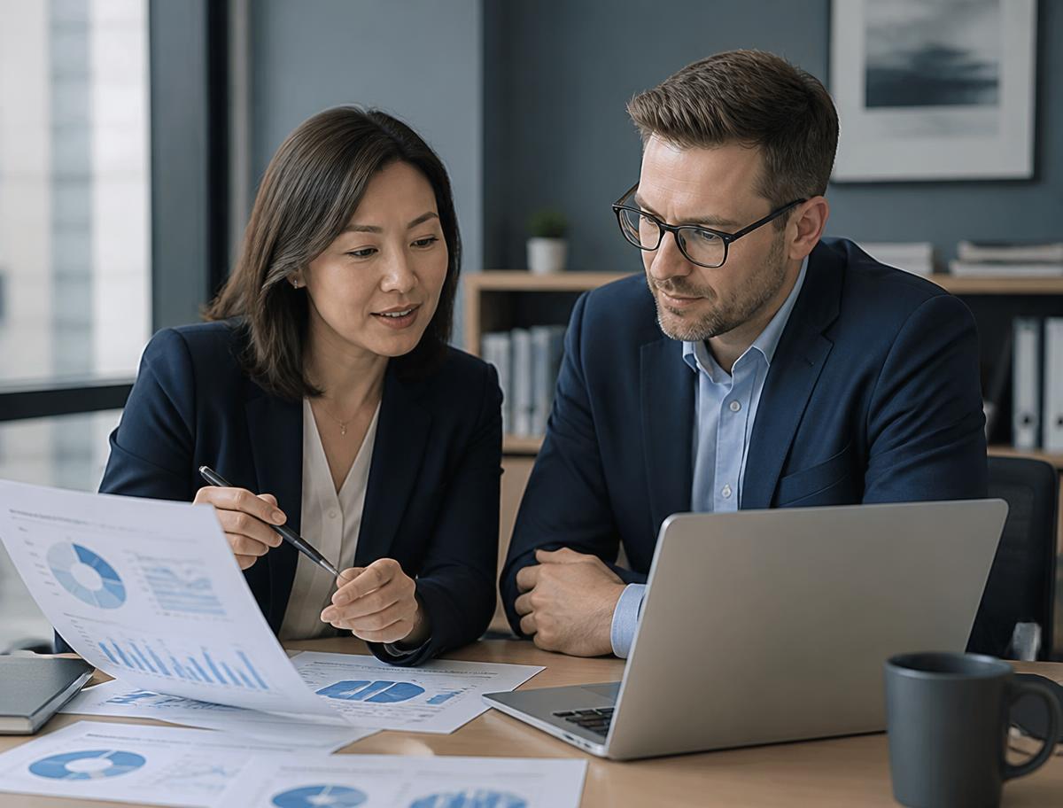 Consultants reviewing financial performance reports